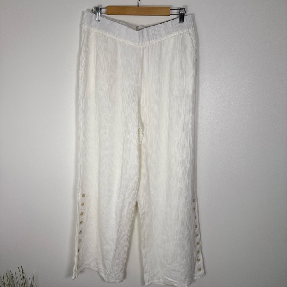 Soft Surroundings Oceo Gauze Wide Leg Pant Pull On Size Large Ivory Pearl resort